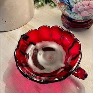 ANCHOR HOCKING, ROYAL RUBY, FAIRFIELD THUMBPRINT, TWO HANDLE NAPPY DISH.